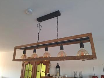 Lampe suspendue à 5 lumières. Look industriel. Bois et ferro, 75 cm ou plus, Comme neuf, Enlèvement, Métal