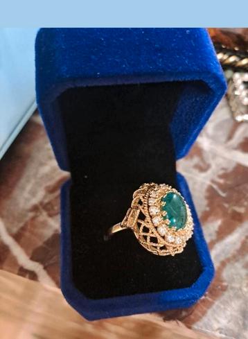 Bague ancienne avec émeraude véritable et 18 diamants, Comme neuf, Or, Jaune, Enlèvement ou Envoi