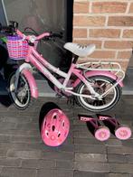 Meisjesfiets 14inch met zijwieltjes en helm, Fietsen en Brommers, Fietsen | Kinderfietsjes, Ophalen, Gebruikt, Zijwieltjes