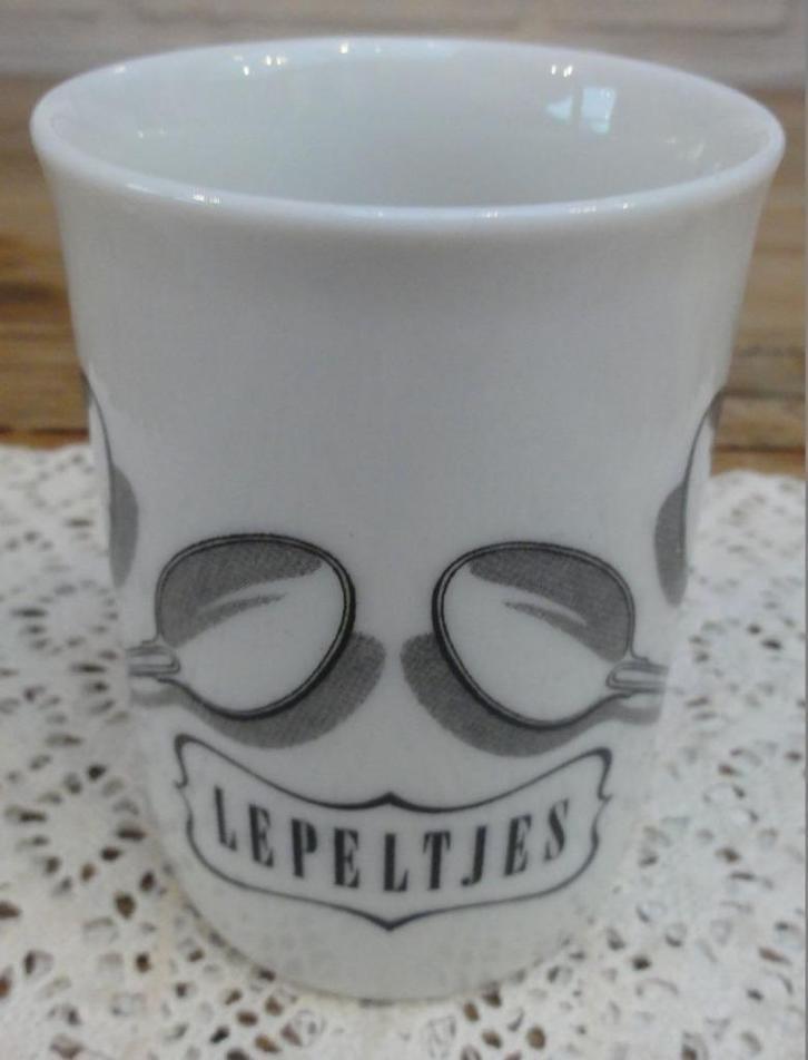 Wit porseleinen lepelvaasje met zwarte lepeltjes opdruk, Huis en Inrichting, Keuken | Servies, Gebruikt, Overige typen, Overige stijlen