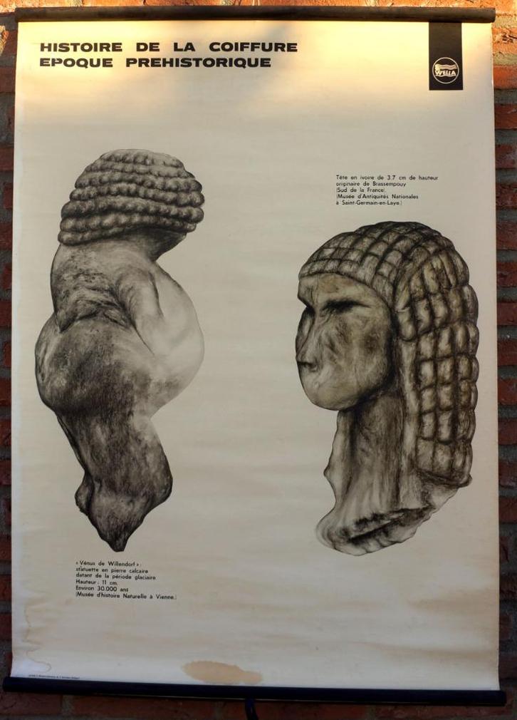 schoolplaat histoire de la coiffure epoque prehistorique wel, Antiek en Kunst, Antiek | Schoolplaten, Geschiedenis, Ophalen of Verzenden