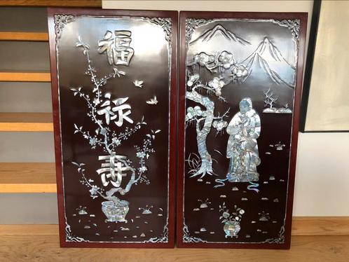 2 Oosterse Vintage Chinese Muurkunst Gesneden Parelmoer, Antiek en Kunst, Kunst | Niet-Westerse kunst, Ophalen