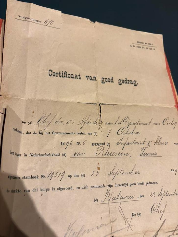 Origineel certificaat Militair Nederlands-Indië,Batavia 1896, Verzamelen, Militaria | Algemeen, Verzenden