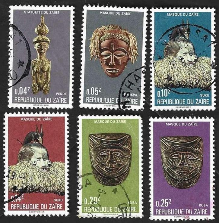 6 Postzegels Beeldjes en Maskers uit Zaire 1977, Timbres & Monnaies, Timbres | Afrique, Affranchi, Autres pays, Enlèvement ou Envoi