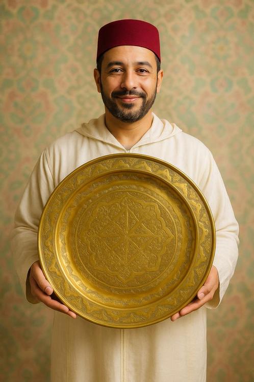 Plateau marocain en laiton gravé – Années 60, Antiek en Kunst, Antiek | Brons en Koper, Ophalen