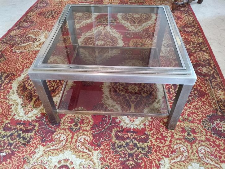 Vintage salontafels in chroomstaal en rookglas, Huis en Inrichting, Tafels | Salontafels, Gebruikt, Glas, Ophalen