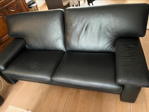 Zwarte lederen salon, driezit, tweezit en 1 zit., Huis en Inrichting, Zetels | Complete zithoeken, Gebruikt, Ophalen