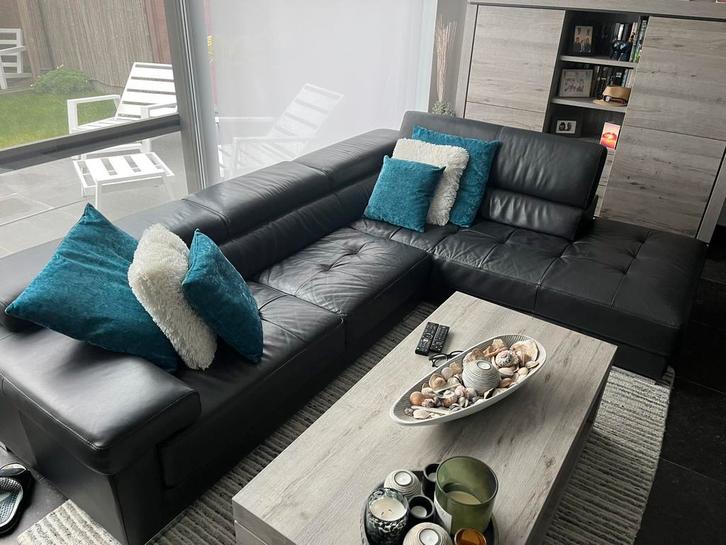 Hoekzetel zwart leder 3m x 2m20, Huis en Inrichting, Zetels | Complete zithoeken, Zo goed als nieuw, Ophalen