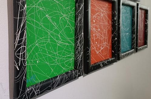 Quadriptyque rouge, orange, vert, bleu et encadrement noir, Antiquités & Art, Art | Peinture | Abstraite, Enlèvement ou Envoi