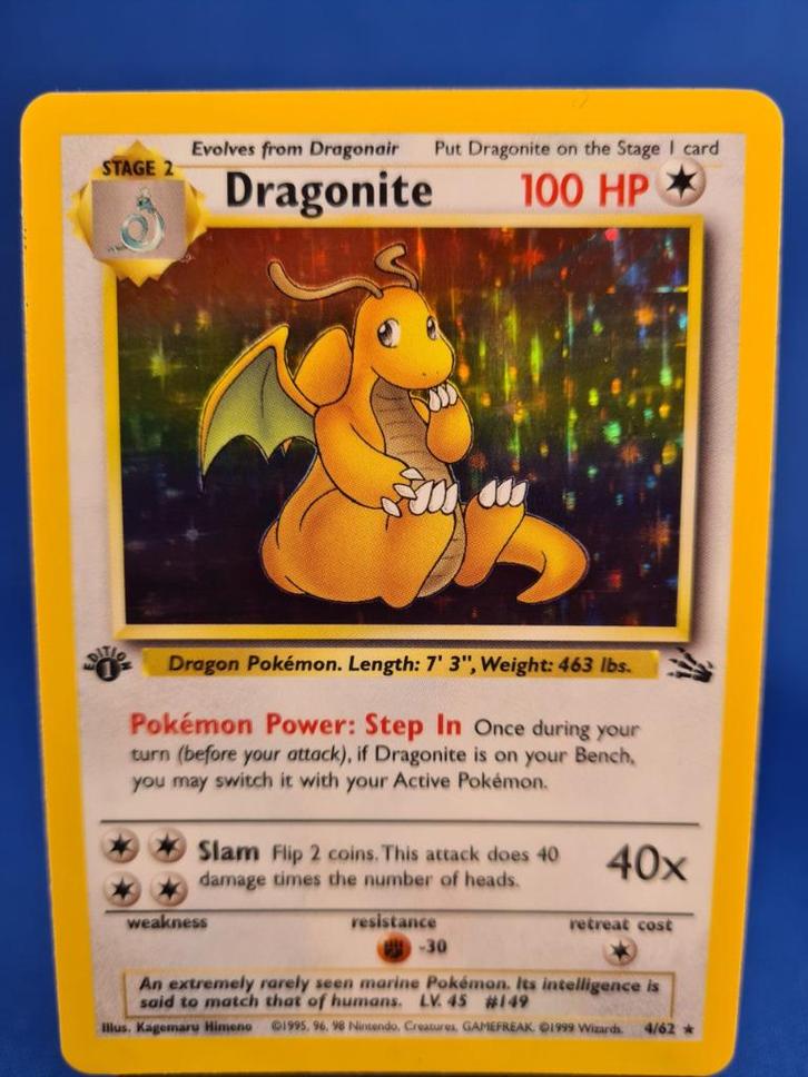 Dragonite 4/62 - Fossil (1st edition), Hobby en Vrije tijd, Verzamelkaartspellen | Pokémon, Gebruikt, Verzenden