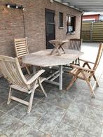 teak tafel, 4 stoelen en voetbankje, Huis en Inrichting, Ophalen, Gebruikt, Teakhout, 150 tot 200 cm