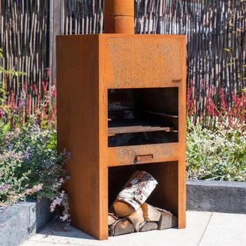 cheminée de jardin en acier corten, grill, barbecue