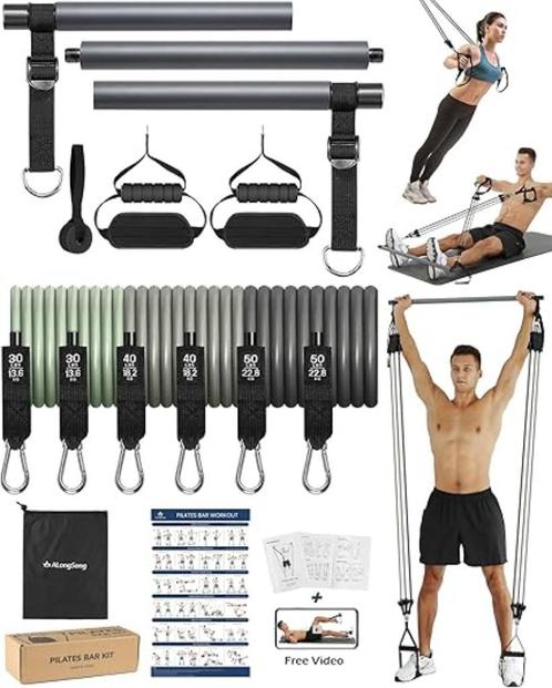 Pilatesstangset met 6 elastische weerstandsbanden GRATIS LEV, Sport en Fitness, Fitnessmaterialen, Nieuw, Armen, Benen, Borst