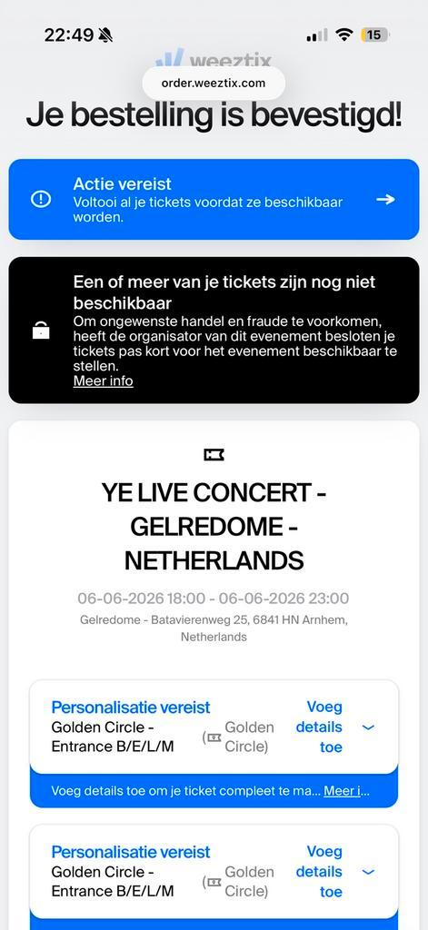 Kanye West Gelredome - 2x tickets Golden Circle, Tickets en Kaartjes, Concerten | R&B en Hiphop, Twee personen