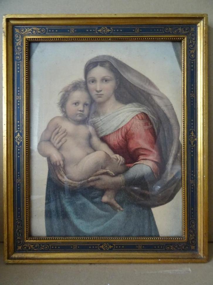 Antieke prent Sixtijnse Madonna van Raphaël in lijst 28x34cm, Antiek en Kunst, Antiek | Religieuze voorwerpen, Ophalen of Verzenden