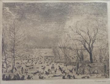 JAMES ENSOR / LES PATINEURS / ZW-W ETS / 26x30cm / SIG 1889 beschikbaar voor biedingen