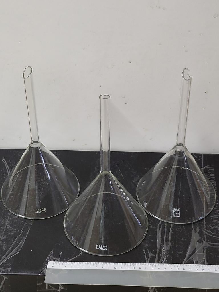3x Schott Duran glazen trechters 15 cm, Ophalen