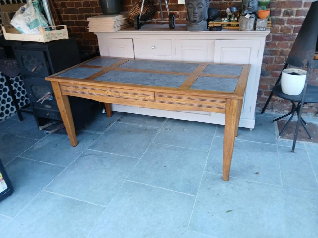 Table salle a manger bois et pierres bleus, Ancien, 150 à 200 cm, Cinq personnes ou plus, Cerisier