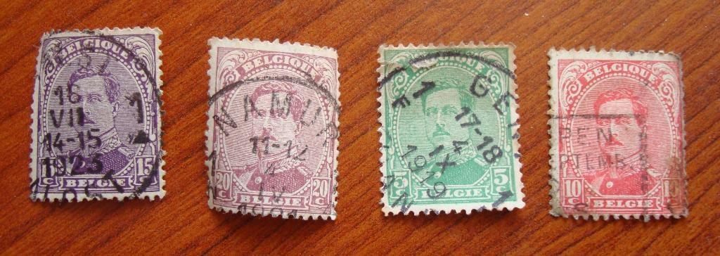 4 Belgische postzegels koning Albert I 1915, Verzenden, Koninklijk huis, Frankeerzegel, Gestempeld