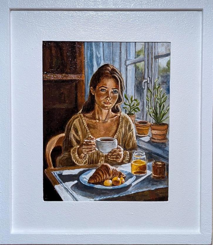 Peinture « Morning Coffee », Antiquités & Art, Art | Peinture | Moderne, Envoi