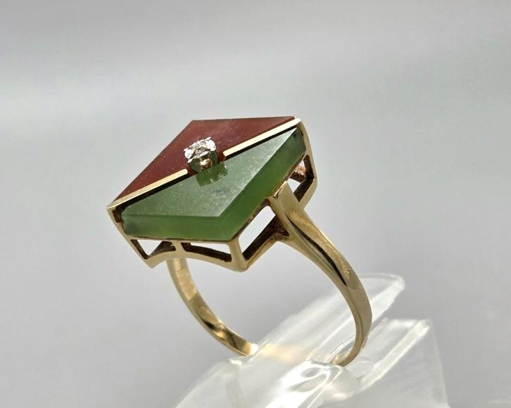 Gouden Vintage ring carneool aventurijn diamant. 2026/193., Handtassen en Accessoires, Antieke sieraden, Ring, Goud, Met edelsteen