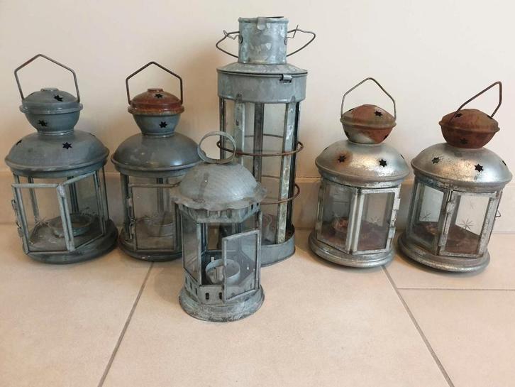 6x vintage metaal staal theelicht houder lantaarn gebruikt, Huis en Inrichting, Woonaccessoires | Kandelaars en Kaarsen, Metaal
