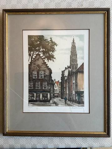 R. Hebbelinck - ets: stadszicht Antwerpen met kathedraal