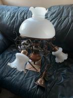 Antieke hanglamp / kroonluchter – messing & opaalglas, Antiek en Kunst, Ophalen