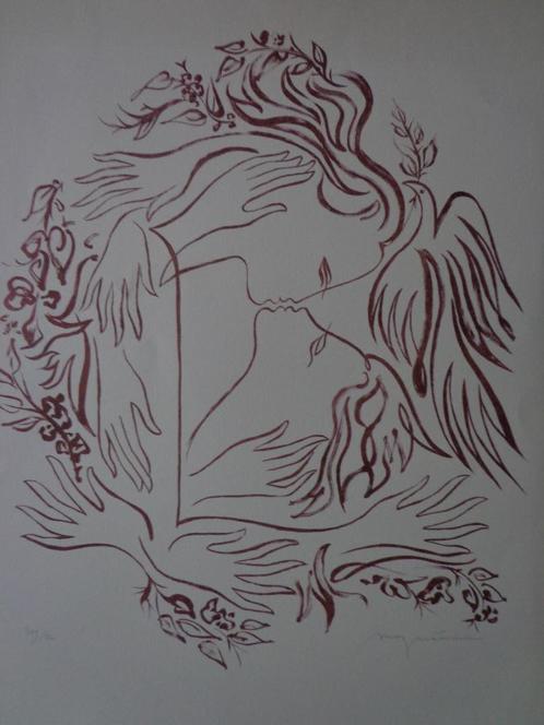 litho May Néama twee kussende vrouwen, Antiek en Kunst, Kunst | Litho's en Zeefdrukken, Ophalen of Verzenden