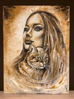 Schilderij dame met kat Mk Art, Antiek en Kunst, Kunst | Schilderijen | Modern, Ophalen of Verzenden
