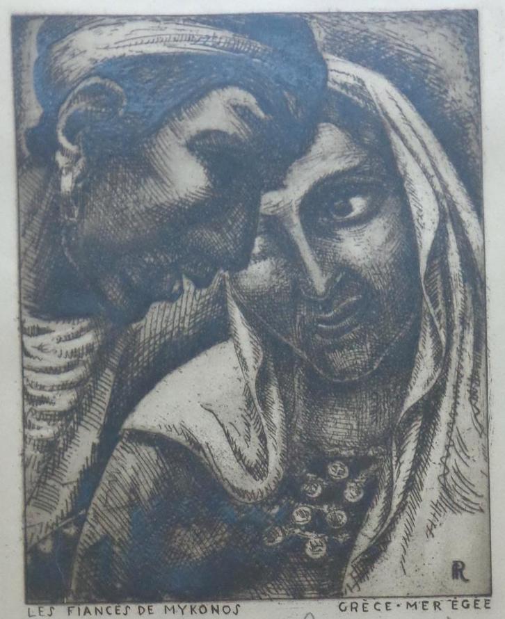 FERNAND ROUSSEAUX / FIANCES MYKONOS / ZW-W ETS 46x34cm KADER, Antiek en Kunst, Kunst | Etsen en Gravures, Ophalen of Verzenden