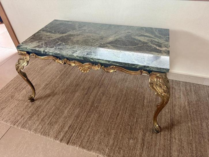 Vintage koffietafel van messing en groene marmer, Antiek en Kunst, Antiek | Meubels | Tafels, Ophalen