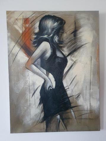 Groot Schilderij: Vrouw in Zwarte Jurk 120x90cm Tijdloze Ele beschikbaar voor biedingen