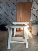 Bureau (houten blad op hoogte instelbare schragen), Huis en Inrichting, Ophalen, Zo goed als nieuw, Bureau