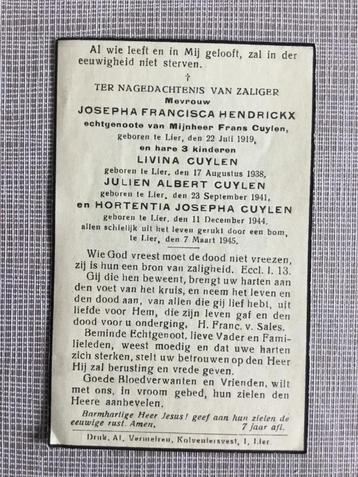 4 oorlogsslachtoffers fam. Hendrickx - Cuylen +Lier 1945  beschikbaar voor biedingen