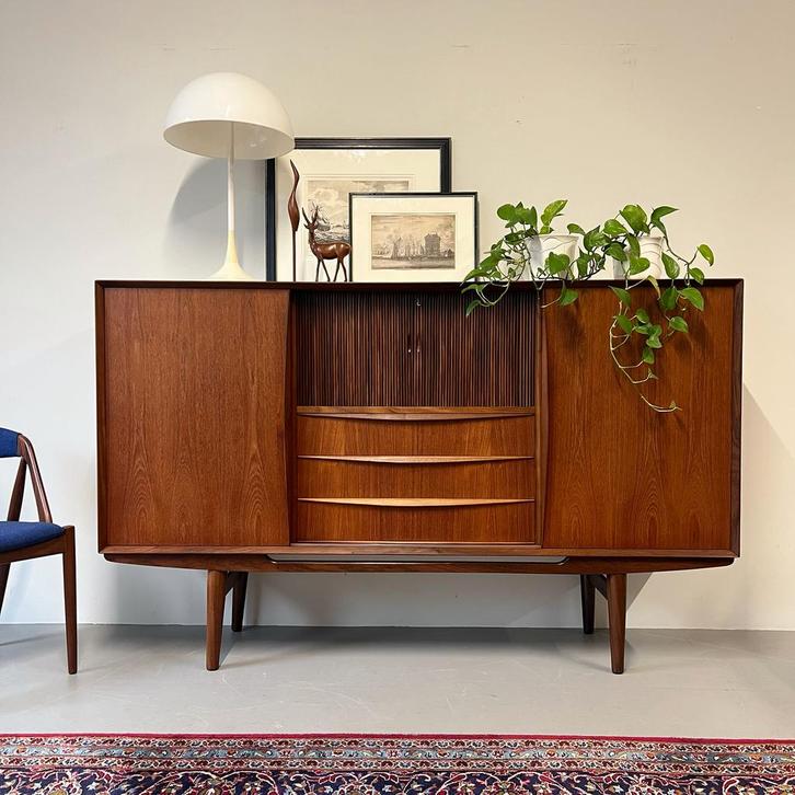 Vintage highboard, Deens, teak, Huis en Inrichting, Kasten | Buffetkasten, Gebruikt, Ophalen of Verzenden