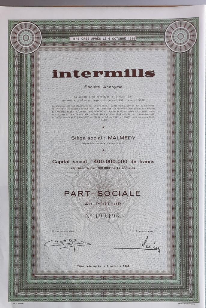 Intermills - Malmédy - part sociale - 1965, Postzegels en Munten, Aandelen en Waardepapieren, Aandeel, 1950 tot 1970, Ophalen of Verzenden