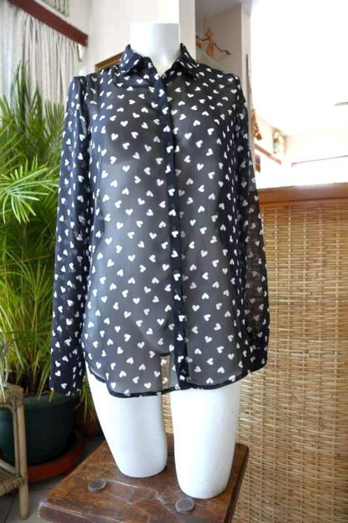 vintage dressing hart licht transparant zwart wit blouse, Kleding | Dames, Blouses en Tunieken, Gedragen, Maat 38/40 (M), Overige kleuren