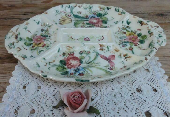 SALE Handgemaakte brocante vakkenschaal bloemen, Antiek en Kunst, Curiosa en Brocante, Ophalen of Verzenden