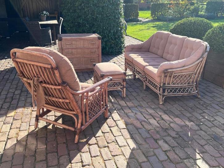 vintage bamboe lounge set, rotan salon, Huis en Inrichting, Zetels | Complete zithoeken, Zo goed als nieuw, Riet of Rotan, Ophalen