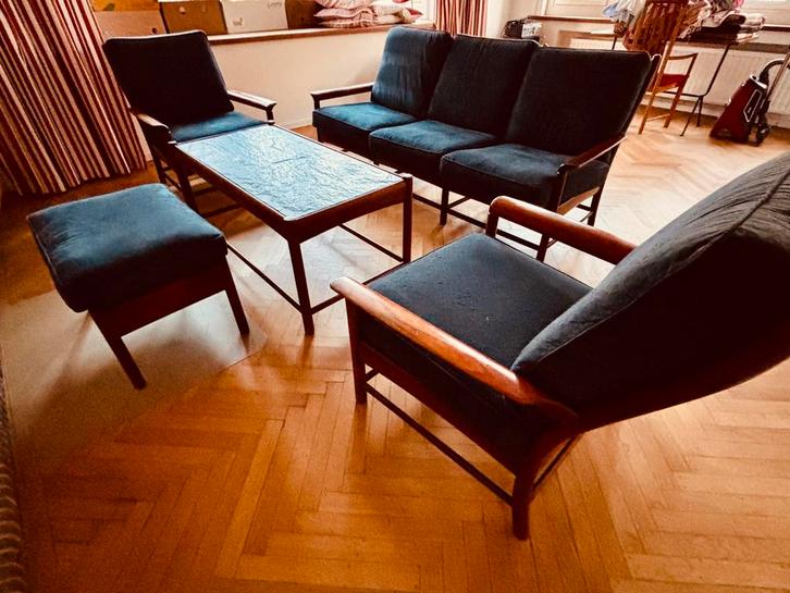 Mid-Century Zithoek in Ole Wanscher Stijl, Huis en Inrichting, Zetels | Complete zithoeken, Gebruikt, Hout, Stof, Ophalen