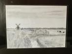 Rustgevende landschapsschets in kader - gesigneerd, Ophalen