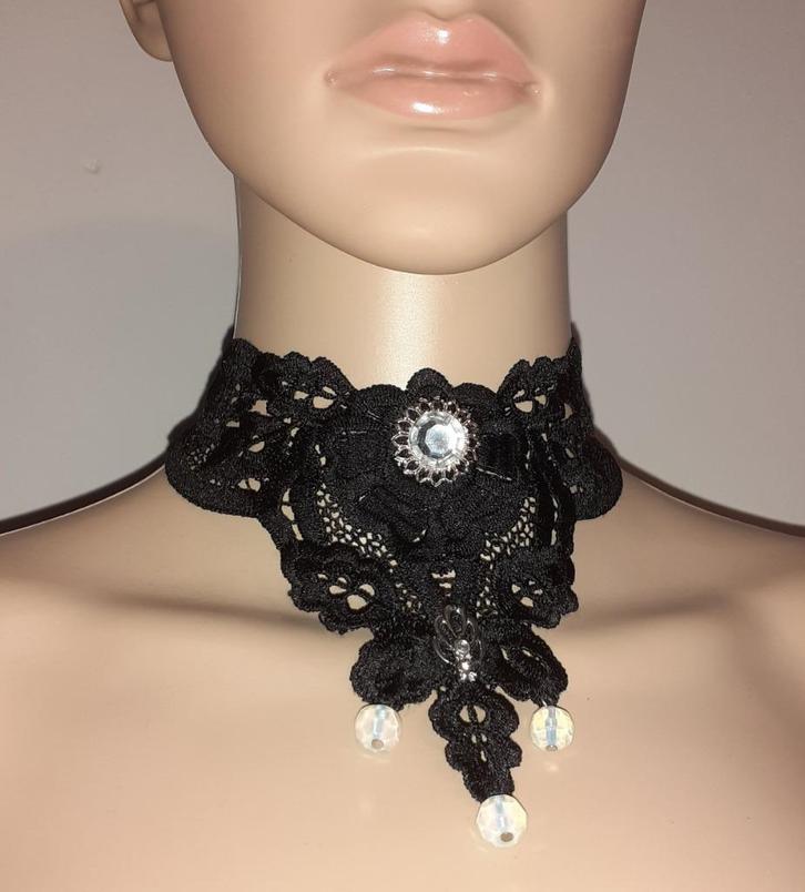 choker kant met witte diamant en opaliet, Handtassen en Accessoires, Kettingen, Nieuw, Overige materialen, Zwart, Met edelsteen