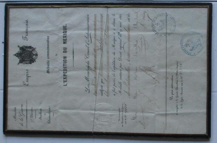 Zeldzaam diploma + medaille van de Mexicaanse Expeditie 1863, Verzamelen, Militaria | Algemeen, Landmacht, Lintje, Medaille of Wings