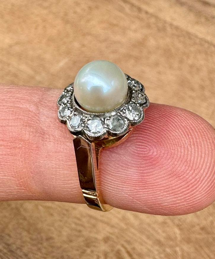 Ring 18 karaat goud met natuurlijke diamant 0.36ct en parel!, Bijoux, Sacs & Beauté, Bagues, Femme, Plus petit que 17, Or, Avec pierre précieuse