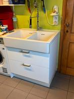 Wastafel met dubbele keramische wastafel en mengkraan, Moins de 100 cm, Meuble lavabo, Enlèvement, Utilisé