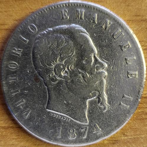 Italië 5 lire 1874 Ag.900 M BN Milaan KM#8.3 VF, Postzegels en Munten, Munten | Europa | Niet-Euromunten, Losse munt, Italië, Zilver