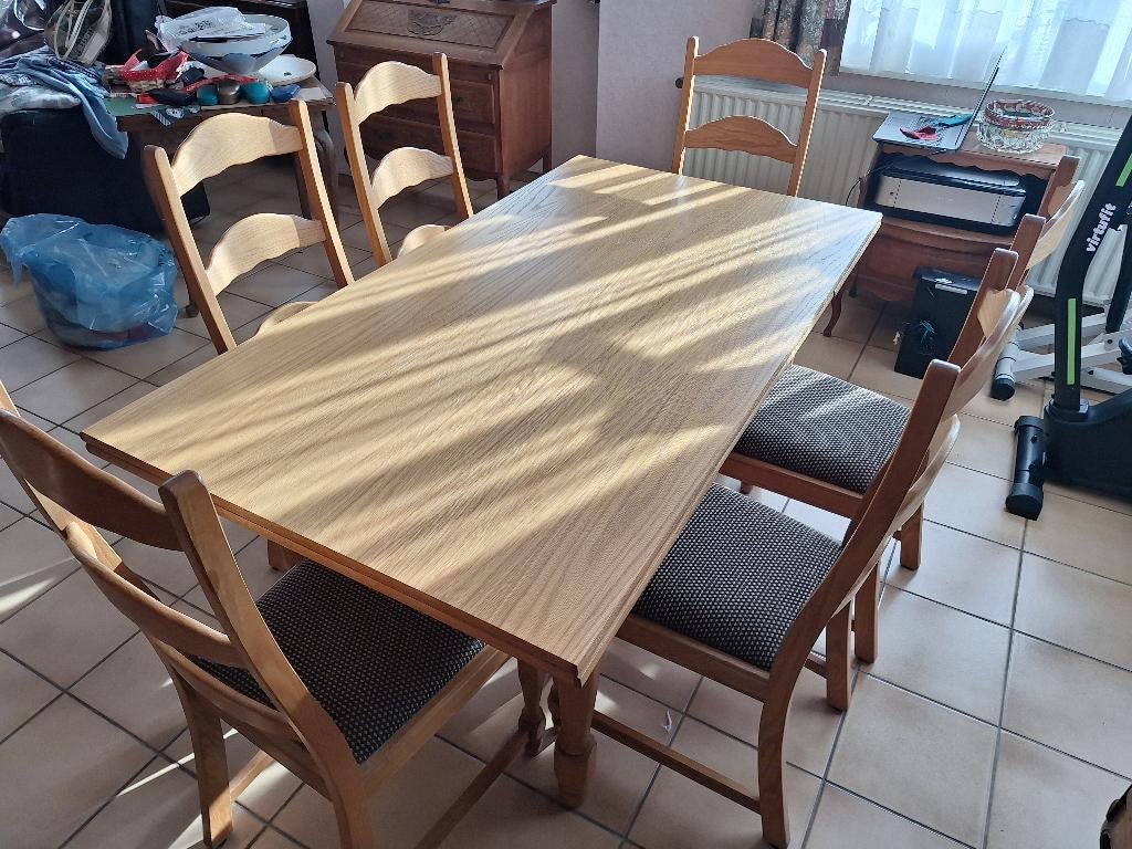 Klassieke eikenhouten eettafel (uitschuifbaar) met 6 stoelen, Ophalen, Gebruikt, Eikenhout, 50 tot 100 cm