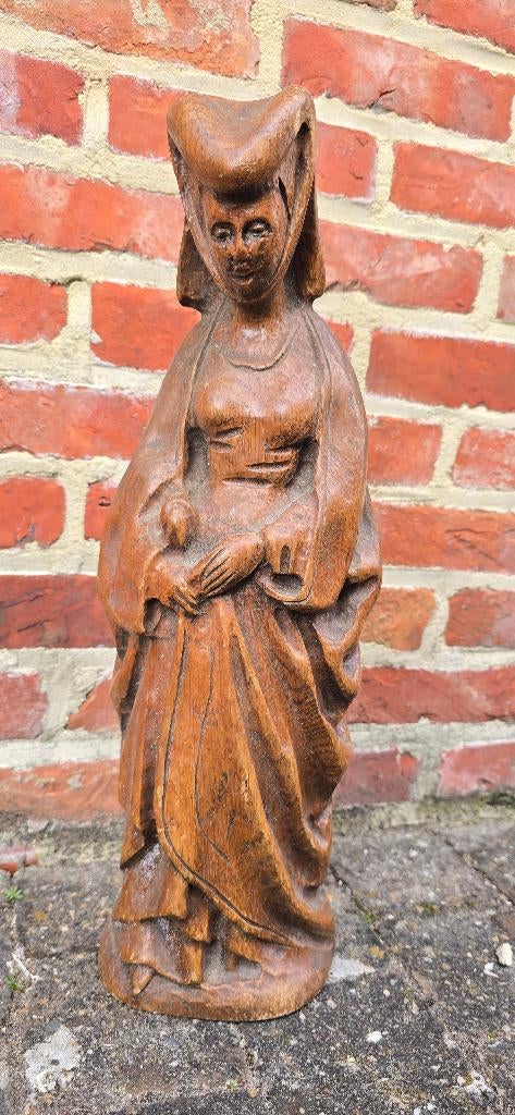 Eikenhouten beeld - Maria van Bourgondië, Statue, Bois, Brun, Fait main