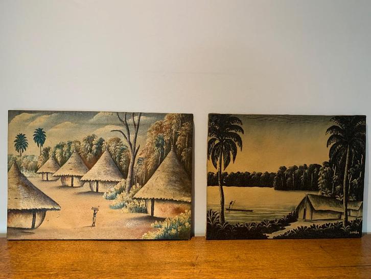 set Congolese schilderijen (Gemena, 1960) Gesigneerd 'Samba', Antiek en Kunst, Kunst | Niet-Westerse kunst, Ophalen of Verzenden
